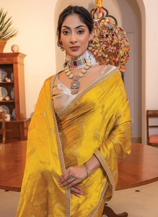 Embroidered Work Satin Contemporary Saree In Mustard