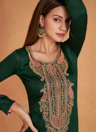 Embroidered Work Satin Salwar Suit In Green