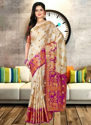 Embroidered Work Satin Silk Classic Sari In White for Ceremonial