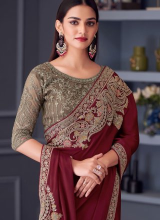 Embroidered Work Satin Silk Classic Sari In Wine for Ceremonial