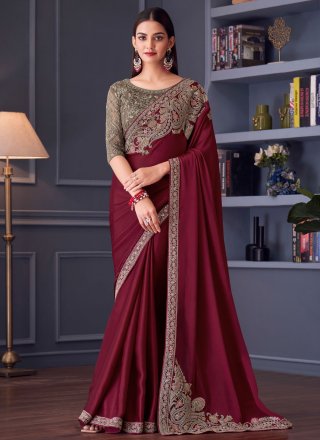 Embroidered Work Satin Silk Classic Sari In Wine for Ceremonial