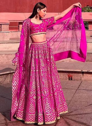 Embroidered Work Satin Silk Lehenga Choli In Magenta