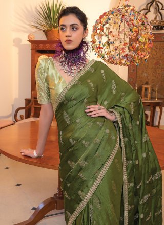 Embroidered Work Satin Trendy Saree In Green for Party