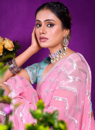 Embroidered Work Shimmer Classic Saree In Pink