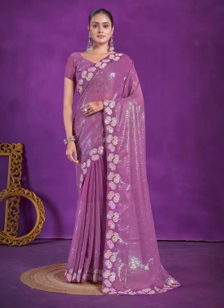 Embroidered Work Shimmer Classic Sari In Purple
