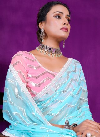 Embroidered Work Shimmer Contemporary Sari In Aqua Blue