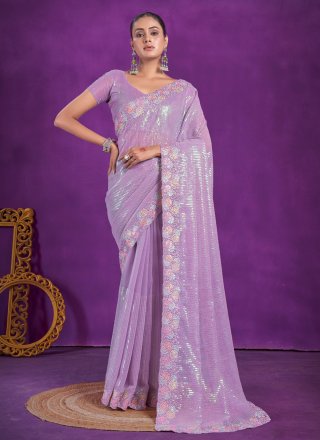 Embroidered Work Shimmer Designer Sari In Purple for Ceremonial