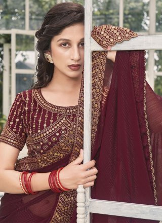 Embroidered Work Shimmer Trendy Saree In Wine