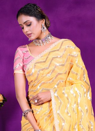 Embroidered Work Shimmer Trendy Saree In Yellow for Ceremonial