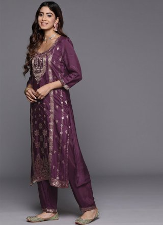 Embroidered Work Silk Blend Pakistani Salwar Suit In Purple