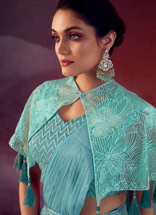 Embroidered Work Silk Classic Sari In Aqua Blue