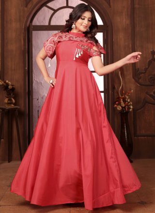 Embroidered Work Silk Gown In Hot Pink