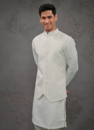 Embroidered Work Silk Kurta Payjama with Jacket In Off White for Ceremonial