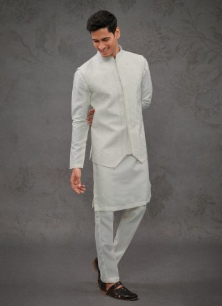 Embroidered Work Silk Kurta Payjama with Jacket In Off White for Ceremonial
