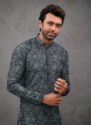 Embroidered Work Silk Kurta Pyjama In Grey for Ceremonial