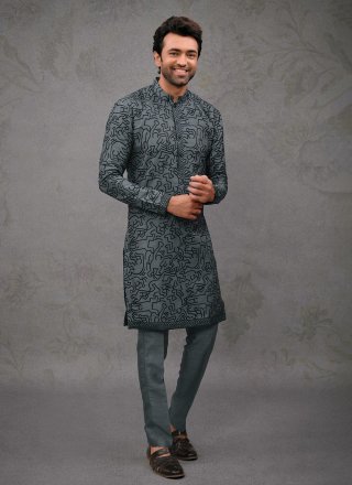 Embroidered Work Silk Kurta Pyjama In Grey for Ceremonial