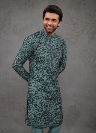 Embroidered Work Silk Kurta Pyjama In Teal