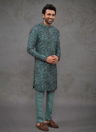 Embroidered Work Silk Kurta Pyjama In Teal