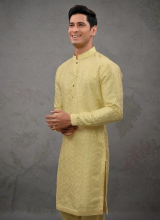Embroidered Work Silk Kurta Pyjama In Yellow