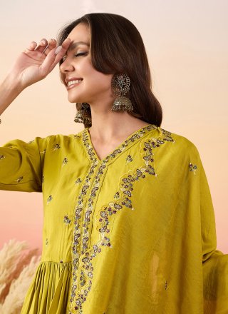 Embroidered Work Silk Palazzo Salwar Suit In Green