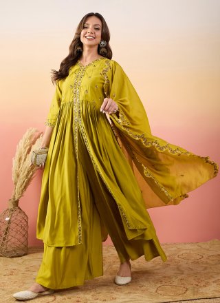 Embroidered Work Silk Palazzo Salwar Suit In Green