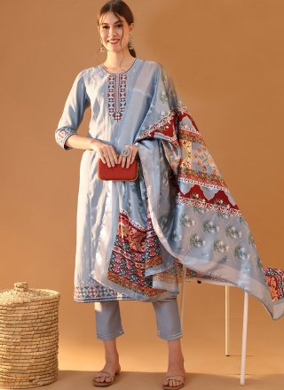 Embroidered Work Silk Readymade Salwar Suit In Aqua Blue
