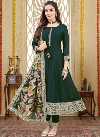 Embroidered Work Silk Readymade Salwar Suit In Green for Engagement