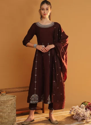 Embroidered Work Silk Readymade Salwar Suit In Maroon