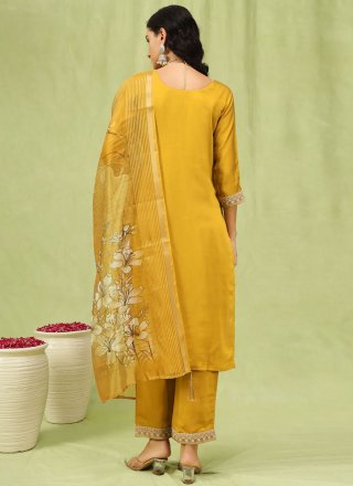 Embroidered Work Silk Readymade Salwar Suit In Mustard