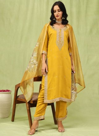 Embroidered Work Silk Readymade Salwar Suit In Mustard