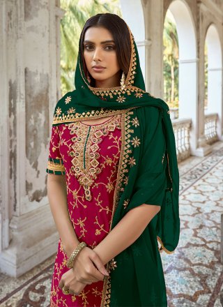 Embroidered Work Silk Salwar Suit In Rani for Ceremonial