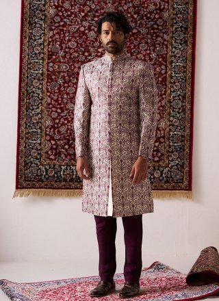 Embroidered Work Silk Sherwani Mens Wear In Cream