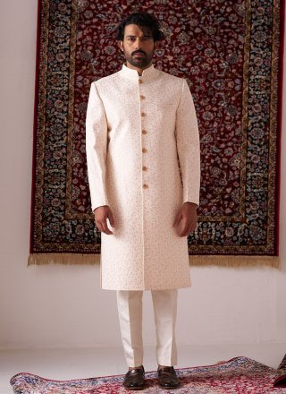 Embroidered Work Silk Sherwani Mens Wear In Cream
