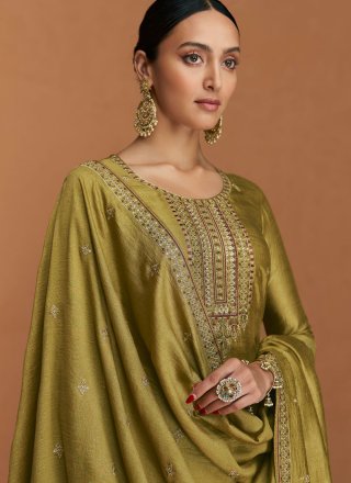 Embroidered Work Silk Trendy Suit In Green