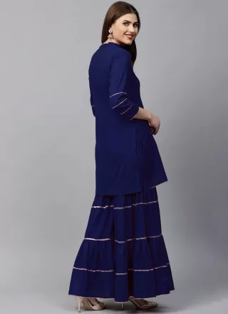 Embroidered Work Velvet Casual Kurti In Blue