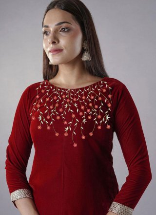 Embroidered Work Velvet Readymade Salwar Suit In Maroon
