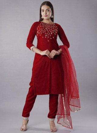 Embroidered Work Velvet Readymade Salwar Suit In Maroon