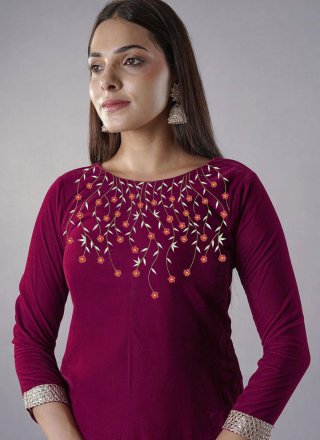 Embroidered Work Velvet Salwar Suit In Magenta and Rani