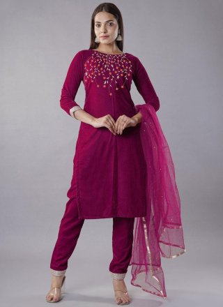 Embroidered Work Velvet Salwar Suit In Magenta and Rani