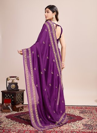 Embroidered Work Vichitra Silk Classic Saree In Purple for Casual