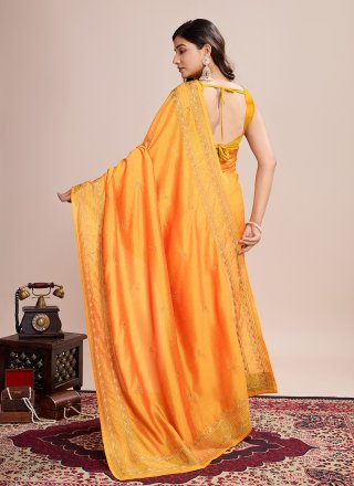 Embroidered Work Vichitra Silk Contemporary Saree In Mustard