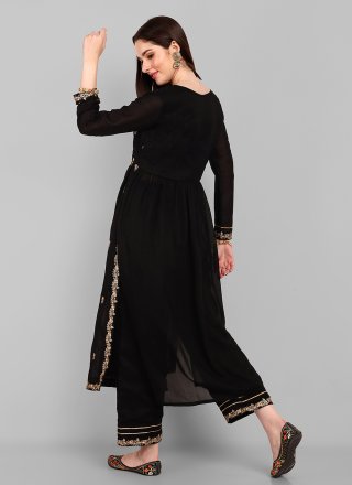 Embroidered Work Vichitra Silk Designer Kurti In Black