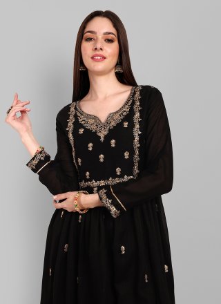 Embroidered Work Vichitra Silk Designer Kurti In Black