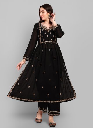 Embroidered Work Vichitra Silk Designer Kurti In Black