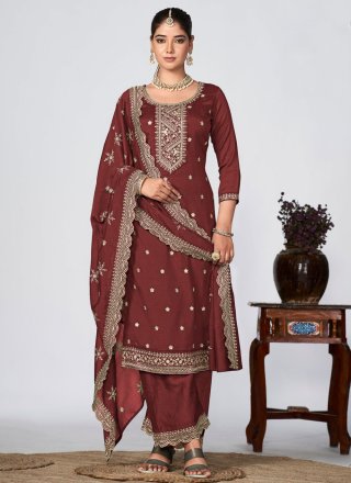 Embroidered Work Vichitra Silk Salwar Suit In Brown