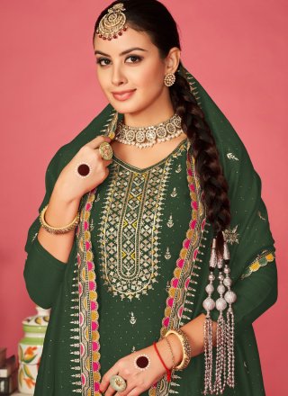 Embroidered Work Vichitra Silk Salwar Suit In Green
