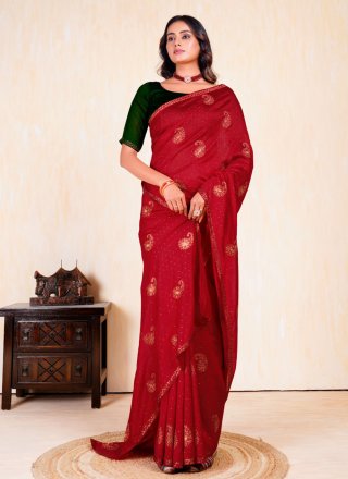 Embroidered Work Vichitra Silk Trendy Saree In Red