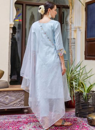 Embroidered Work Viscose Pant Style Suit In Aqua Blue