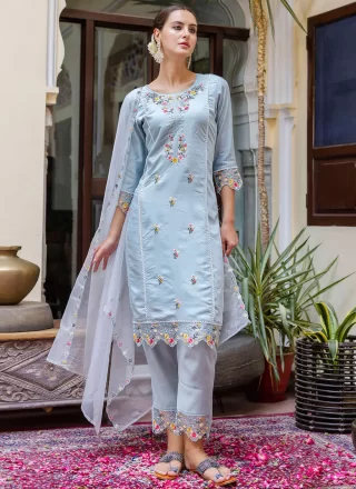 Embroidered Work Viscose Pant Style Suit In Aqua Blue