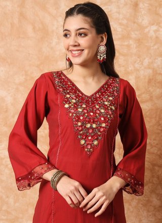 Embroidered Work Viscose Pant Style Suit In Red for Ceremonial